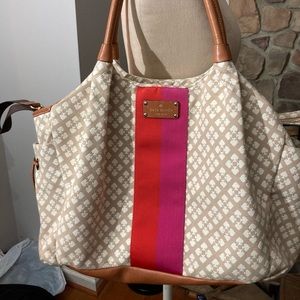 KATE SPADE XTRA LG FLOWER EVERYTHING STRIPED TOTE-CHECK OUT THE LEATHER ACCENTS